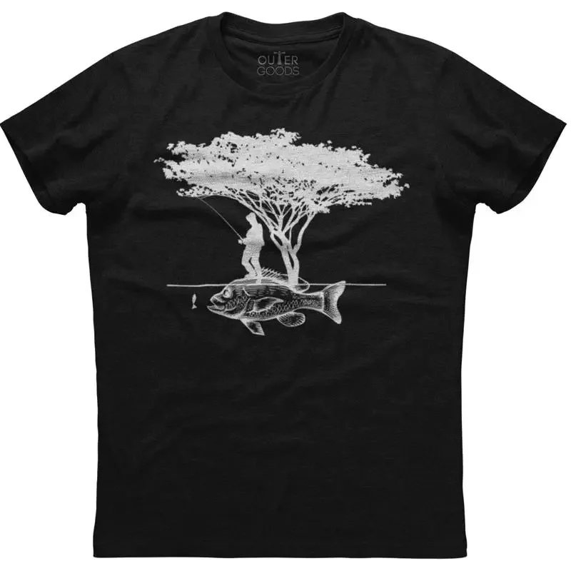 Fishing Hook - 釣りとフックフィッシュとツリー メンズ コットン ブラック Tシャツ