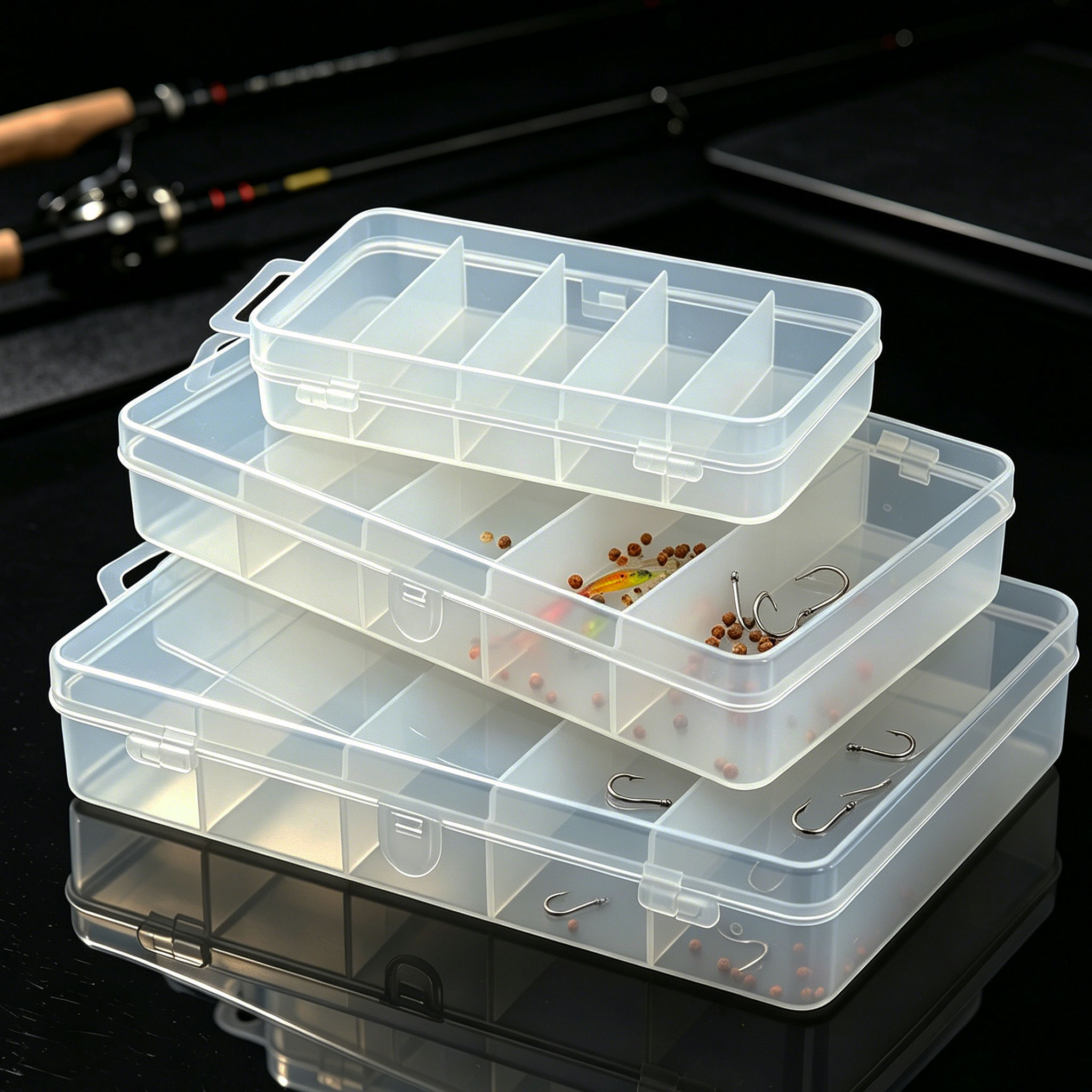 Fishing Hook Size - 1/3個入り 3サイズのプラスチック製釣り餌、釣り道具箱、透明5グリッド釣り針箱、餌釣り針箱