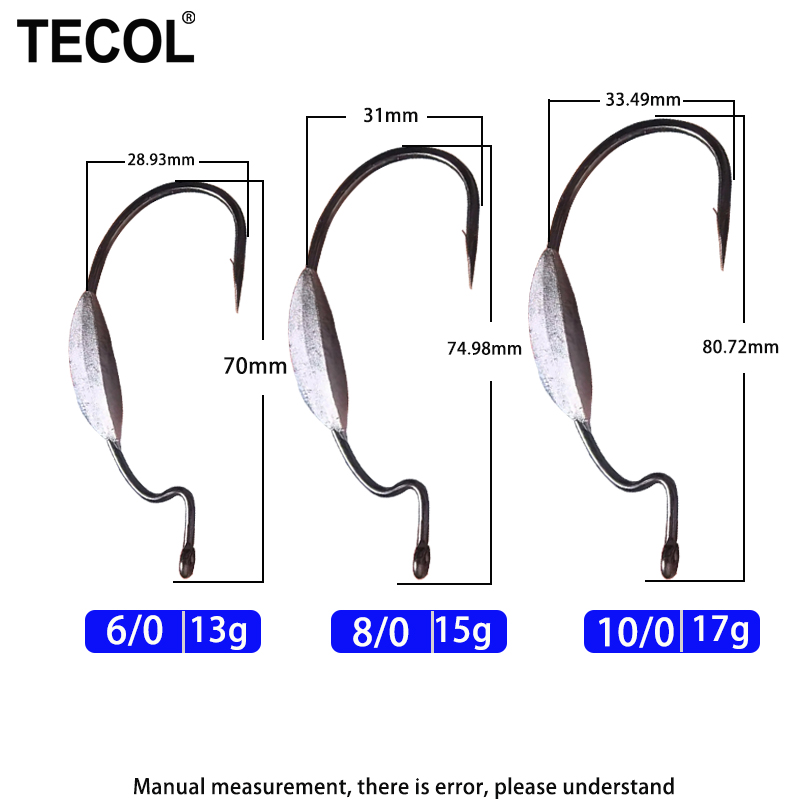 TECOL 3個入り 6/0 8/0 10/0 ウェイト付き - Fishing Hook Weedless のレビューと価格